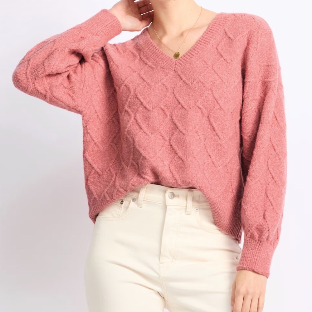 Market & Spruce Pink Heart Cable Knit Sweater NWT *SMALL PETITE* Cozy Slouchy